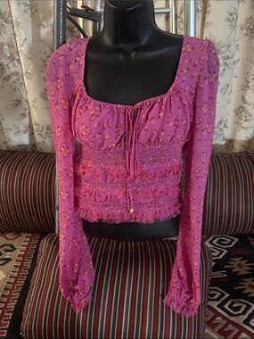 Free People Magenta Floral Smocked Square‑Neck Crop Top